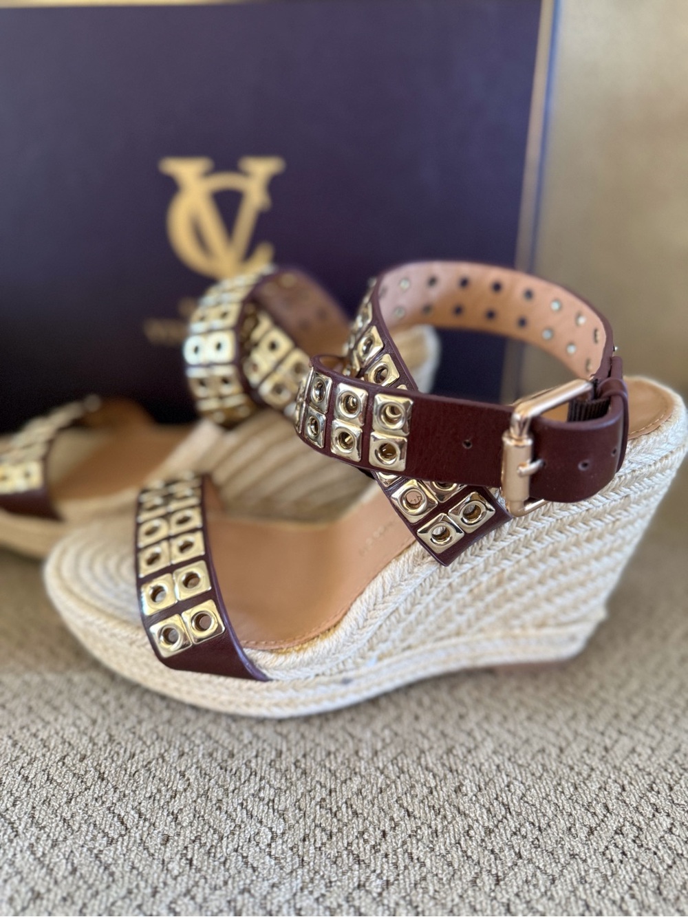 Vince Camuto Brown Leather Wedge Espadrilles with Gold Detailing